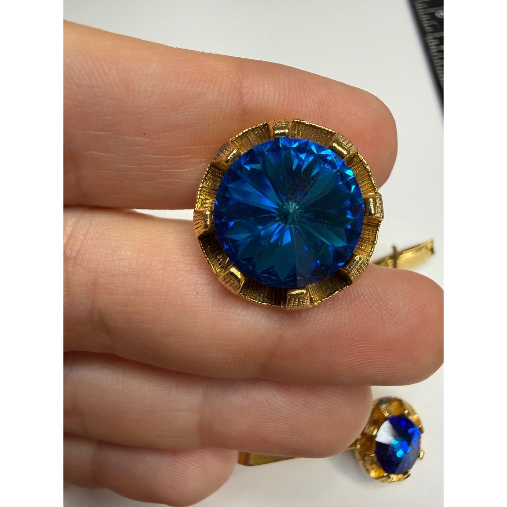 Mens Gold Tone Blue Rhinestone Cufflinks Tie Bar Set Formal Wedding Accessory
